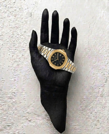 Luxury Two-Tone Silver & Gold Nautilus Style Quartz Watch with Black Textured Dial