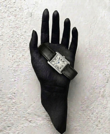 Vintage Cartier Tank Style Rectangular Watch – Silver Case with Croc-Pattern Black Leather Strap