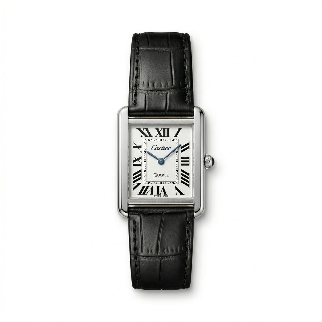 Vintage Cartier Tank Style Rectangular Watch – Silver Case with Croc-Pattern Black Leather Strap