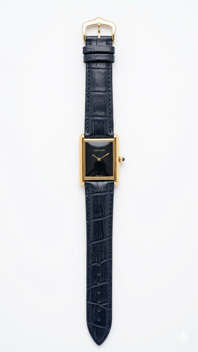 Vintage Must de Cartier Tank – Gold Dial with Navy Blue Alligator Strap
