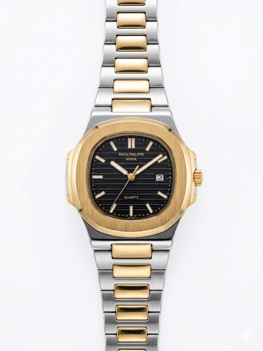 Luxury Two-Tone Silver & Gold Nautilus Style Quartz Watch with Black Textured Dial